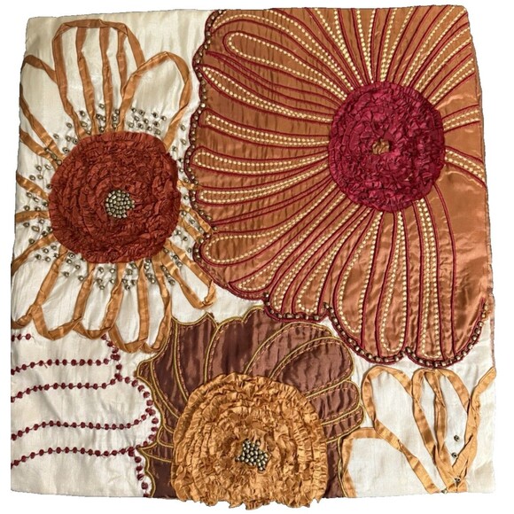 2 Pier 1 Embroidered Floral Pillow Covers Decorative Colorful Applique 18" Boho - Picture 3 of 11